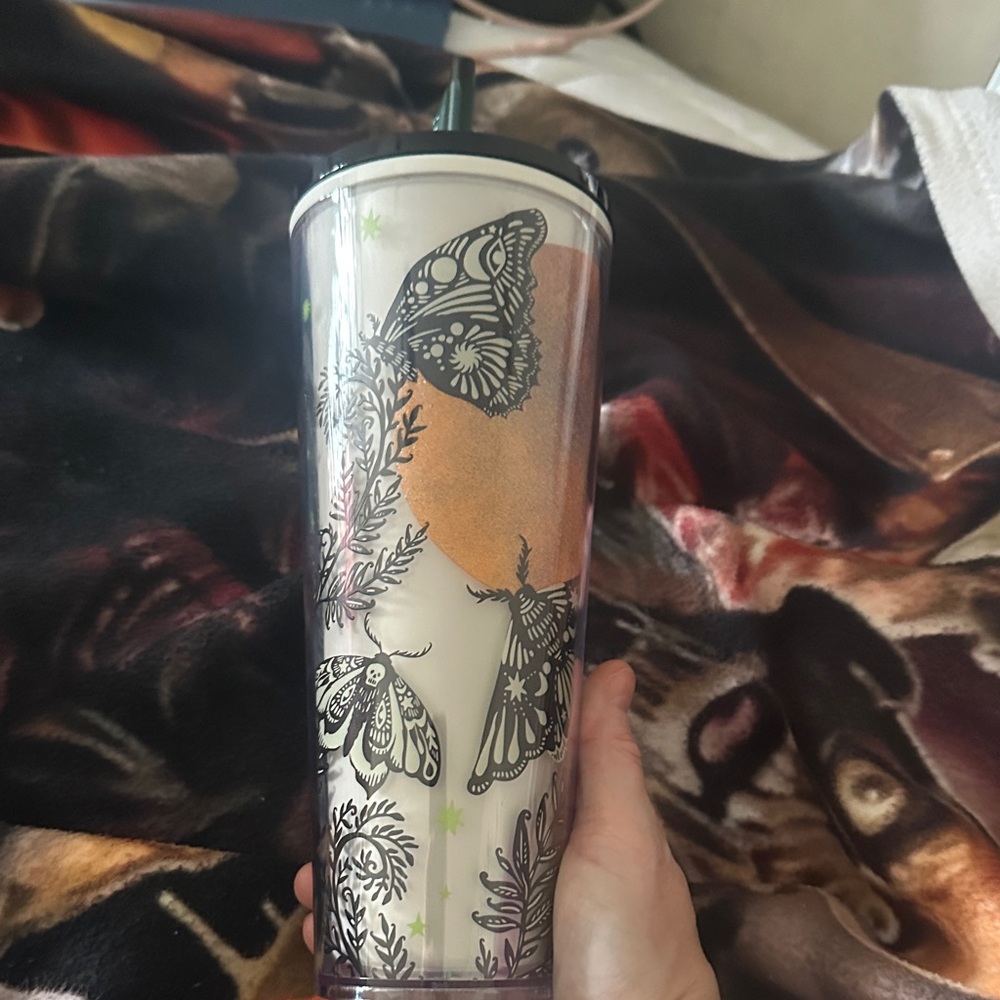Starbucks Tumbler with Moths Design - Black, White, Orange